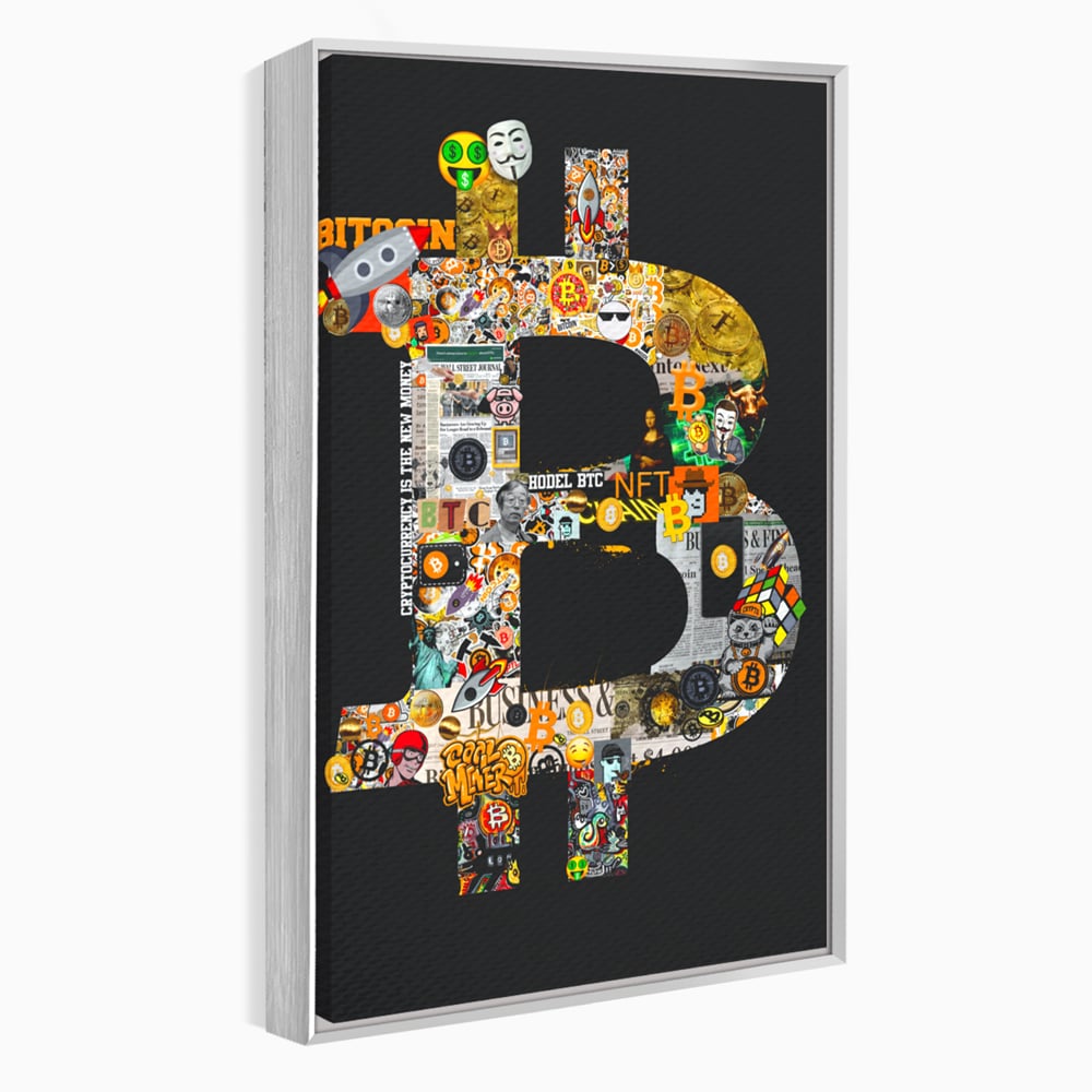 Tablou canvas cu tablou canvas cu simbolul bitcoin din colaje, in rama de aluminiu argintiu